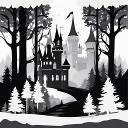 Castle at the edge of a dark forest clipart.  vector style illustration, white background