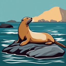 Sea Lion Clip Art - Sea lion basking on a rock,  color vector clipart, minimal style