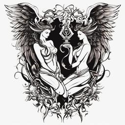 Angel and Devil Tattoos-Tattoo design featuring both angels and devils, showcasing themes of balance and contrast.  simple color tattoo,white background