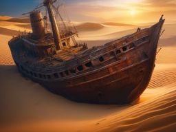 Heart of desert, mysterious shipwreck lays half-buried in golden sands, testament to stories of sailors lost to time. hyperrealistic, intricately detailed, color depth,splash art, concept art, mid shot, sharp focus, dramatic, 2/3 face angle, side light, colorful background
