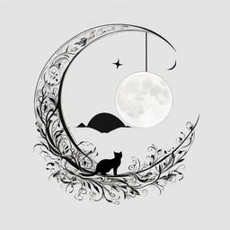 Cat and Moon Tattoo - Tattoos combining cat and moon imagery, creating a mystical design.  simple color tattoo,minimalist,white background