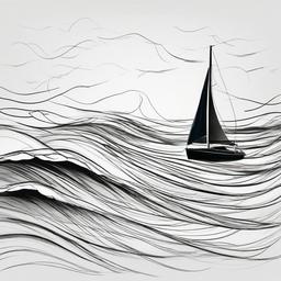 drawing of waves with a sailboat  minimal rough sketch scribbles,doodles,black and white