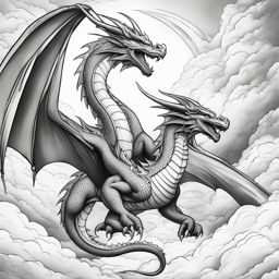 dragon coloring pages - two dragons engage in an epic aerial battle amid stormy clouds. 