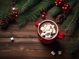 Christmas wallpaper - Hot cocoa with marshmallows on a wooden table, surrounded by pine branches  aesthetic background wallpaper