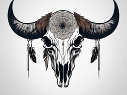 Bison skull with feathers ink. Spiritual connection.  minimal color tattoo design