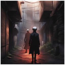 kaneki ken confronts a ghoul adversary in a dark and dilapidated back alley. 