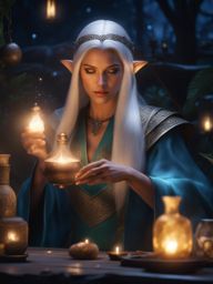 mysterious elven mage crafting an enchanted potion under a shimmering moonlight 8k, hyper realistic, cinematic 