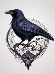 Raven tattoo: A dark and enigmatic raven, symbolizing mystery, transformation, and intuition.  color tattoo style, minimalist, white background