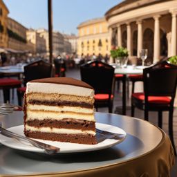 rich tiramisu cake served at an italian bistro, overlooking a bustling piazza. 