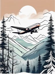 Airplane flying over mountains and forests, depicting a scenic and adventurous landscape. Colored tattoo designs, minimalist, white background.  color tattoo minimalist white background