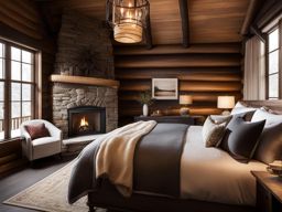 cozy, cabin-inspired bedroom with log cabin walls and a stone fireplace. 