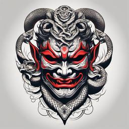 Oni Mask and Snake Tattoo - Tattoo featuring the Oni mask alongside a snake motif.  simple color tattoo,white background,minimal