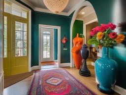 In the entryway, surrealist interior design showcases quirky sculptures, vibrant colors, and unexpected decor that provide a whimsical welcome to guests.  