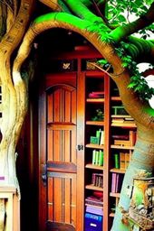 elf village library with tree bark bookshelves and elven script wall art. 