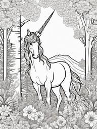 Unicorn in a Forest Coloring Pages - Majestic Unicorn Among Trees and Flowers  minimal black outline printable sheet, coloring page