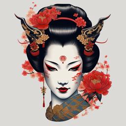 half geisha half hannya tattoo  simple color tattoo,white background,minimal