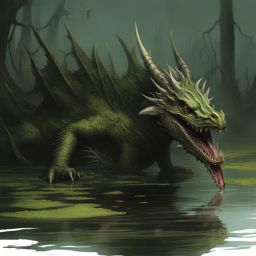 plague dragon haunting a pestilent swamp, spreading decay and disease throughout the murky waters. 