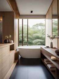 japanese-inspired bathroom with a soaking tub and minimalist design. 