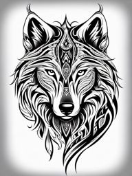 Tribal Wolf Tattoo,intricate tribal patterns embracing the power and mystique of the wolf, symbol of unity and strength. , tattoo design, white clean background