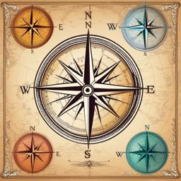 Compass and World Map Clipart - Vintage compass next to a detailed world map.  color clipart, minimalist, vector art, 