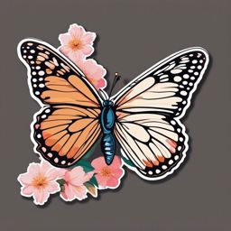 Butterfly and Blossoms Sticker - Butterfly near blooming flowers, ,vector color sticker art,minimal