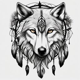 Wolf and Dreamcatcher Tattoo,wolf and the dreamcatcher, combined in ink, guarding one's dreams and spirit. , tattoo design, white clean background