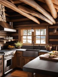 rustic cabin kitchen with log beam ceilings and stone countertops. 