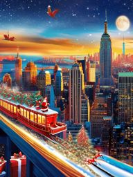 Christmas Wallpaper - Santa's Sleigh Over New York City wallpaper splash art, vibrant colors, intricate patterns