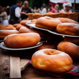 papanasi, romanian fried doughnuts, enjoyed at a rustic village fair in transylvania. 