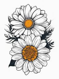 Daisy and Marigold Tattoo-Celebration of warmth and love with a tattoo featuring daisies and marigold flowers.  simple color tattoo,minimal vector art,white background