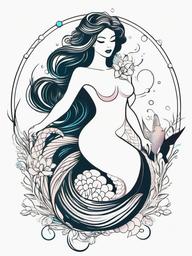 Pretty Mermaid Tattoo - Embrace beauty and charm with a pretty and aesthetically pleasing mermaid-themed tattoo.  simple vector color tattoo,minimal,white background