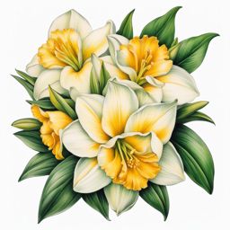 Jonquil flower tattoo, Tattoos inspired by the vibrant and fragrant jonquil flower.  vivid colors, white background, tattoo design