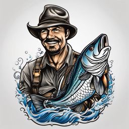 Fisherman Tattoo,a tribute to fishing enthusiasts, this tattoo captures the thrill and passion of the sport. , tattoo design, white clean background