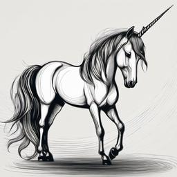 drawing of a unicorn with a sparkling tail  minimal rough sketch scribbles,doodles,black and white