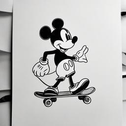 drawing of Mickey Mouse on a skateboard  minimal rough sketch scribbles,doodles,black and white