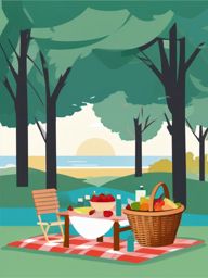 Picnic Setup clipart - Setting up a lakeside picnic with a basket., ,vector color clipart,minimal