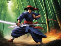 kenshin himura delivers lightning-fast strikes against foes on a bamboo forest path. 