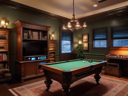 In the gamer room, American Colonial interior design features vintage gaming consoles, classic furniture, and warm lighting that creates a nostalgic environment for gaming adventures.  