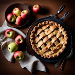 a classic apple pie, bursting with tender, cinnamon-spiced apples beneath a golden crust. 