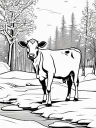 Cow Coloring Pages - Cow in a winter scene with snowflakes  simple coloring pages