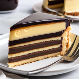 a slice of classic boston cream pie, with layers of sponge cake, pastry cream, and chocolate glaze. 