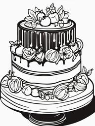 Cake Coloring Pages - Chocolate drip cake with fruit and flowers  simple coloring pages