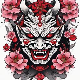 oni mask cherry blossom tattoo  simple color tattoo,white background,minimal