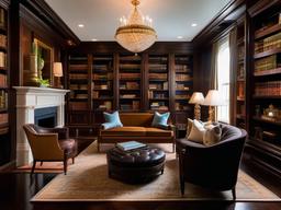 In the library room, Regency interior design incorporates rich wood shelving, plush seating, and elegant decor that inspire reading and relaxation in a sophisticated setting.  