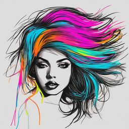 drawing of hair with bright neon colors  minimal rough sketch scribbles,doodles,black and white