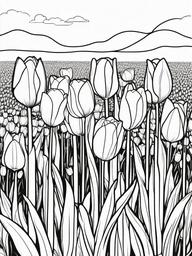 Tulip coloring page sheet - Bright tulips standing tall in a field under a clear sky.  black outline printable coloring page