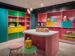 Candy Land basement features colorful storage solutions, playful decor, and whimsical furniture, optimizing the space for fun and relaxation.  