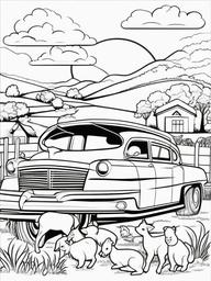 Car and Farm Animals Coloring Pages - Fun Scene with Cars and Animals  minimal black outline printable sheet, coloring page