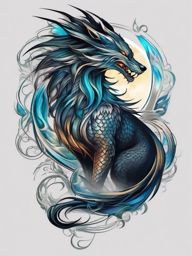 Dragon Wolf Tattoo,mystical tattoo featuring both a dragon and a wolf, combination of legend and wild spirit. , color tattoo design, white clean background