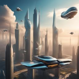 futuristic cityscape with towering skyscrapers and flying vehicles. 